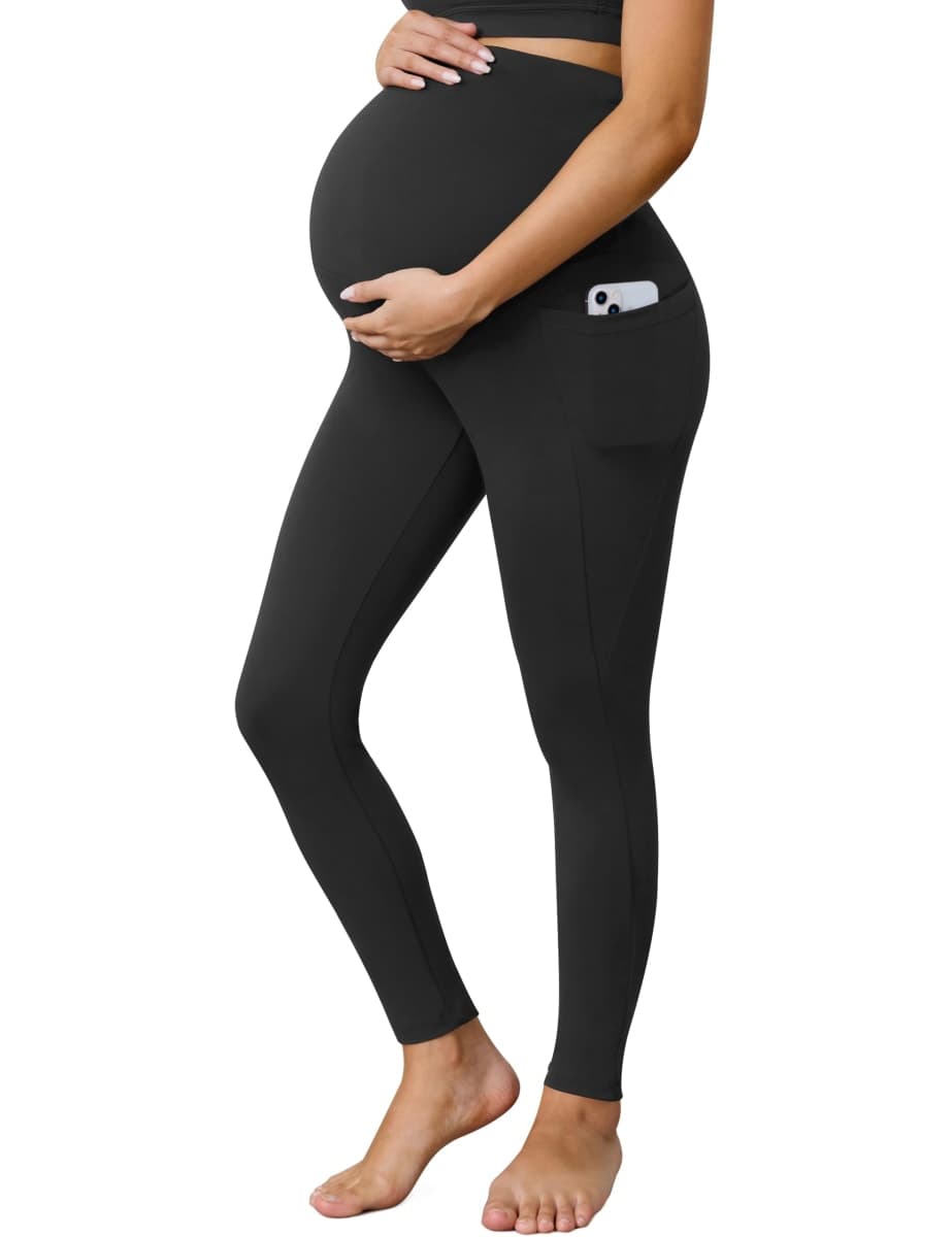 Buttergene 1 Pack Women's Maternity Leggings with Pockets Over The Belly Pregnancy Active Wear Workout Yoga Tights Pants, Black, Medium