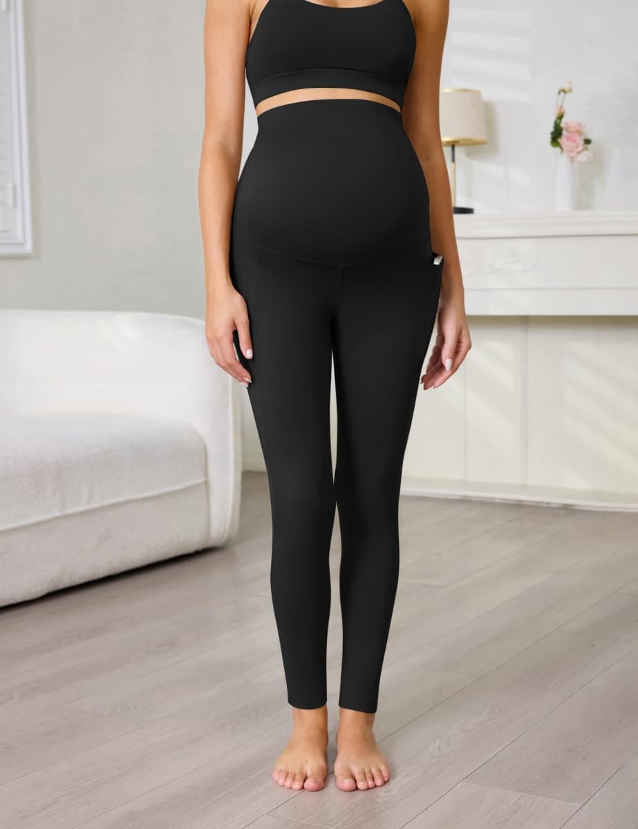 Buttergene 1 Pack Women's Maternity Leggings with Pockets Over The Belly Pregnancy Active Wear Workout Yoga Tights Pants, Black, Medium thumbnail 2