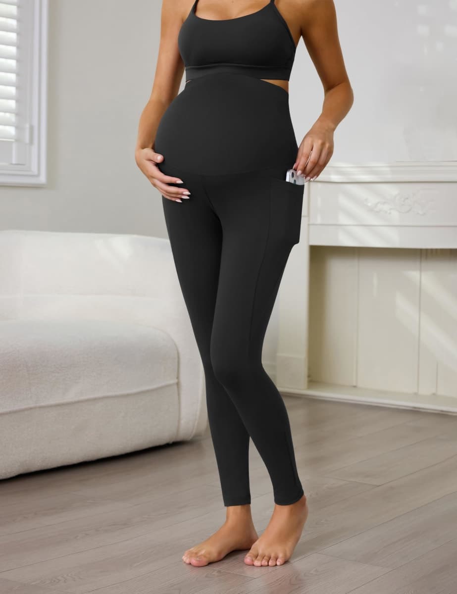Buttergene 1 Pack Women's Maternity Leggings with Pockets Over The Belly Pregnancy Active Wear Workout Yoga Tights Pants, Black, Medium thumbnail 3