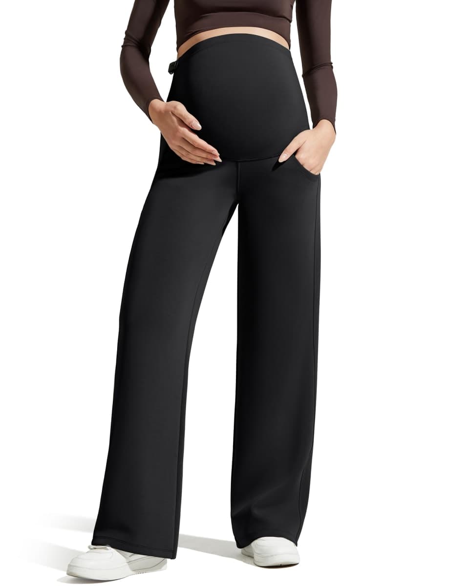 G4Free Casual Maternity Yoga Dress Pants Stretchy Pregnancy Wide Leg Lounge Trousers, Black, Small Tall