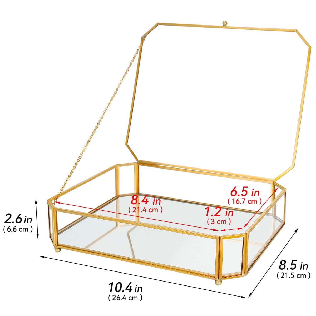REDHUGO Large Glass Boxes for Display Handmade, Mirrored Bottom, Glass Jewelry Box with Lid, Trinket Box Book Photo Keepsake Organizer, Display Case for Vanity Decor Home Dresser, Octagon, Gold thumbnail 2
