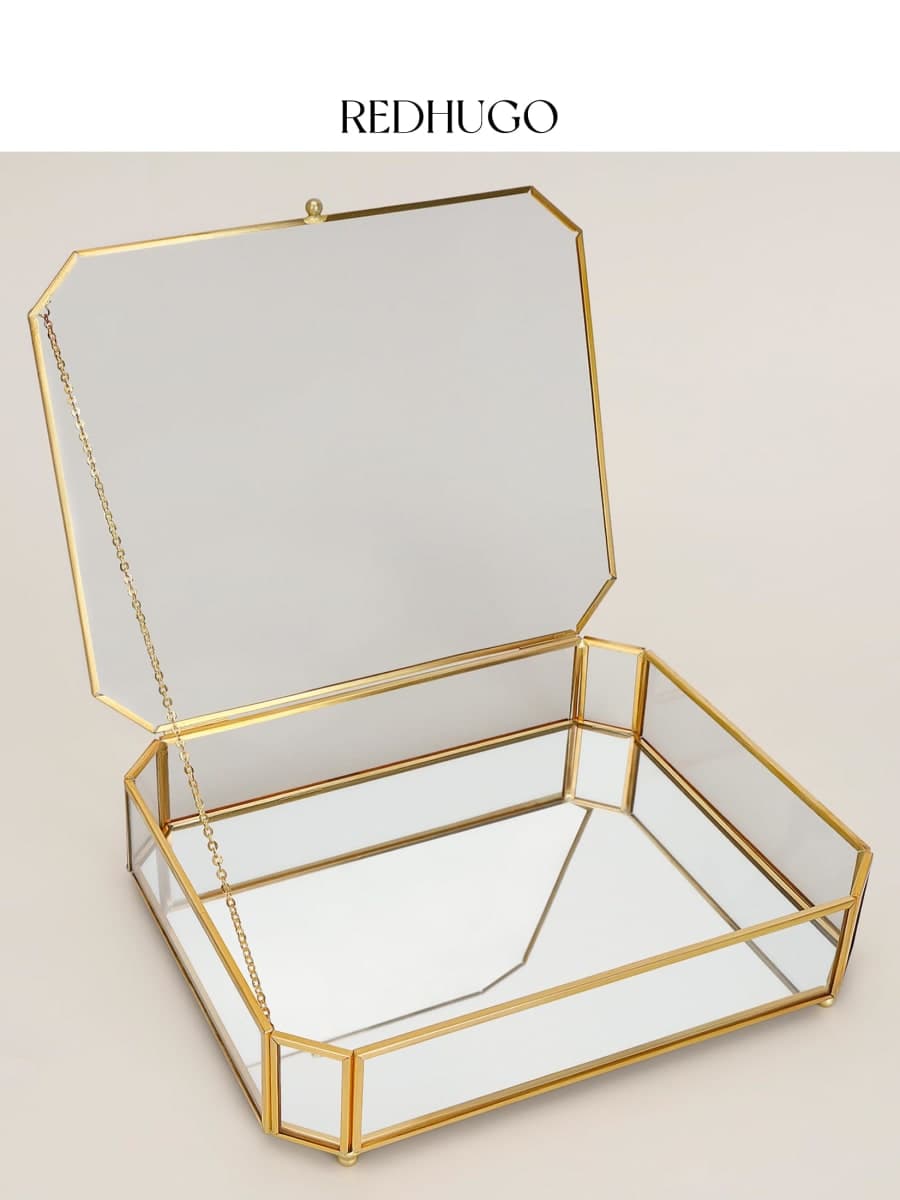 REDHUGO Large Glass Boxes for Display Handmade, Mirrored Bottom, Glass Jewelry Box with Lid, Trinket Box Book Photo Keepsake Organizer, Display Case for Vanity Decor Home Dresser, Octagon, Gold thumbnail 3