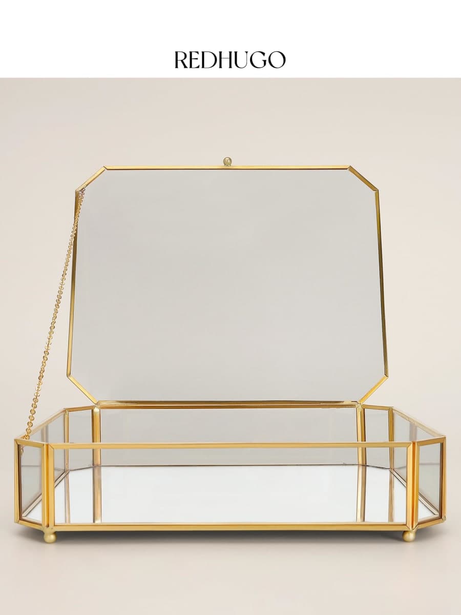 REDHUGO Large Glass Boxes for Display Handmade, Mirrored Bottom, Glass Jewelry Box with Lid, Trinket Box Book Photo Keepsake Organizer, Display Case for Vanity Decor Home Dresser, Octagon, Gold thumbnail 4