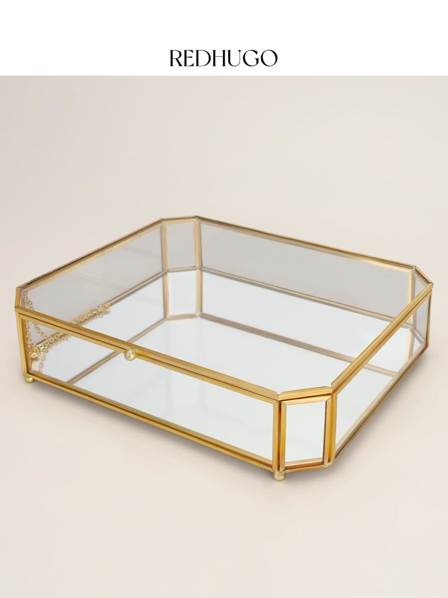REDHUGO Large Glass Boxes for Display Handmade, Mirrored Bottom, Glass Jewelry Box with Lid, Trinket Box Book Photo Keepsake Organizer, Display Case for Vanity Decor Home Dresser, Octagon, Gold thumbnail 5
