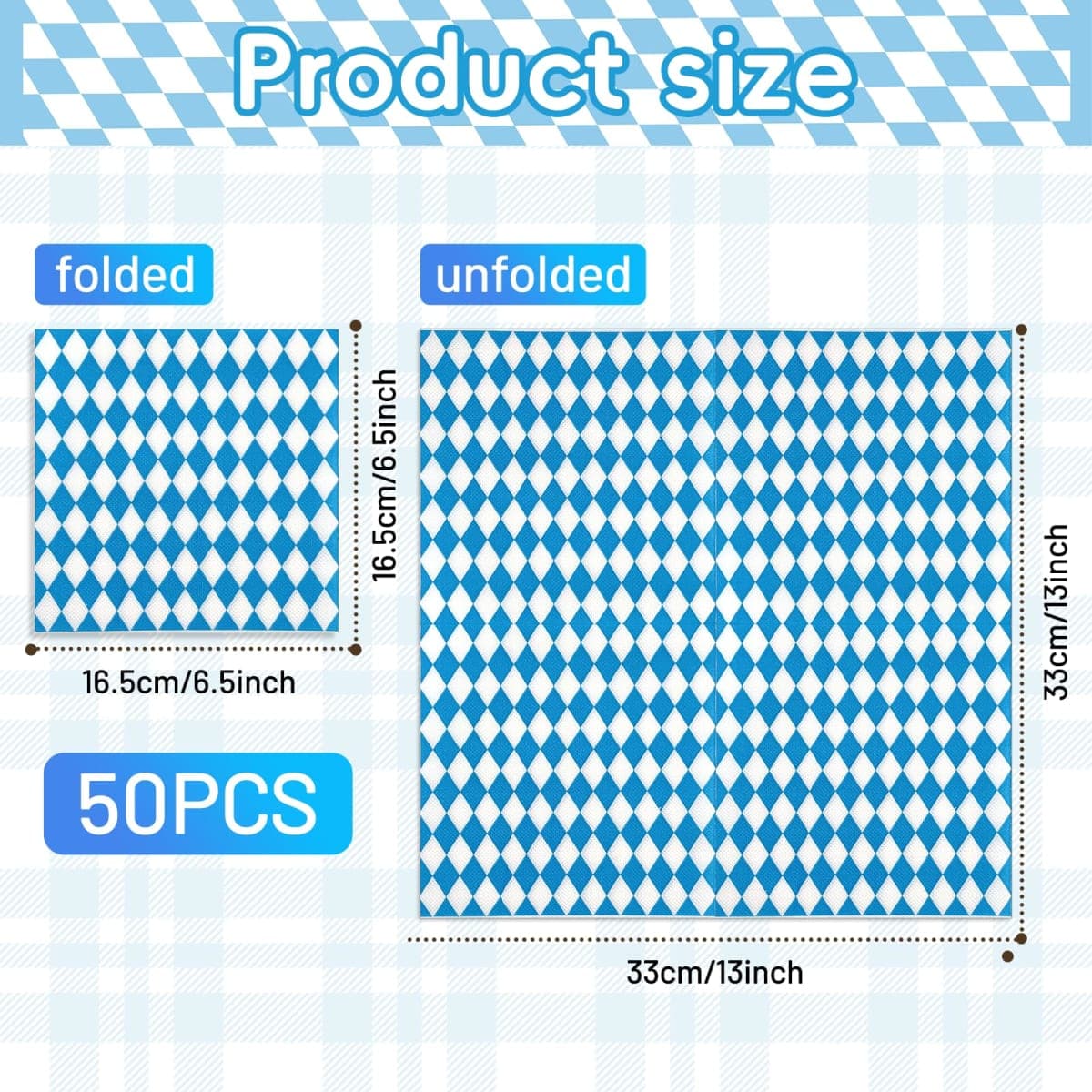 Pack of 50, Blue and White Bavarian Napkins, Diamond Pattern Disposable Napkins for Oktoberfest, Beer Festival, Bavarian Party Decorations, German-Themed Events, 13x13 Inches Unfolded thumbnail 2