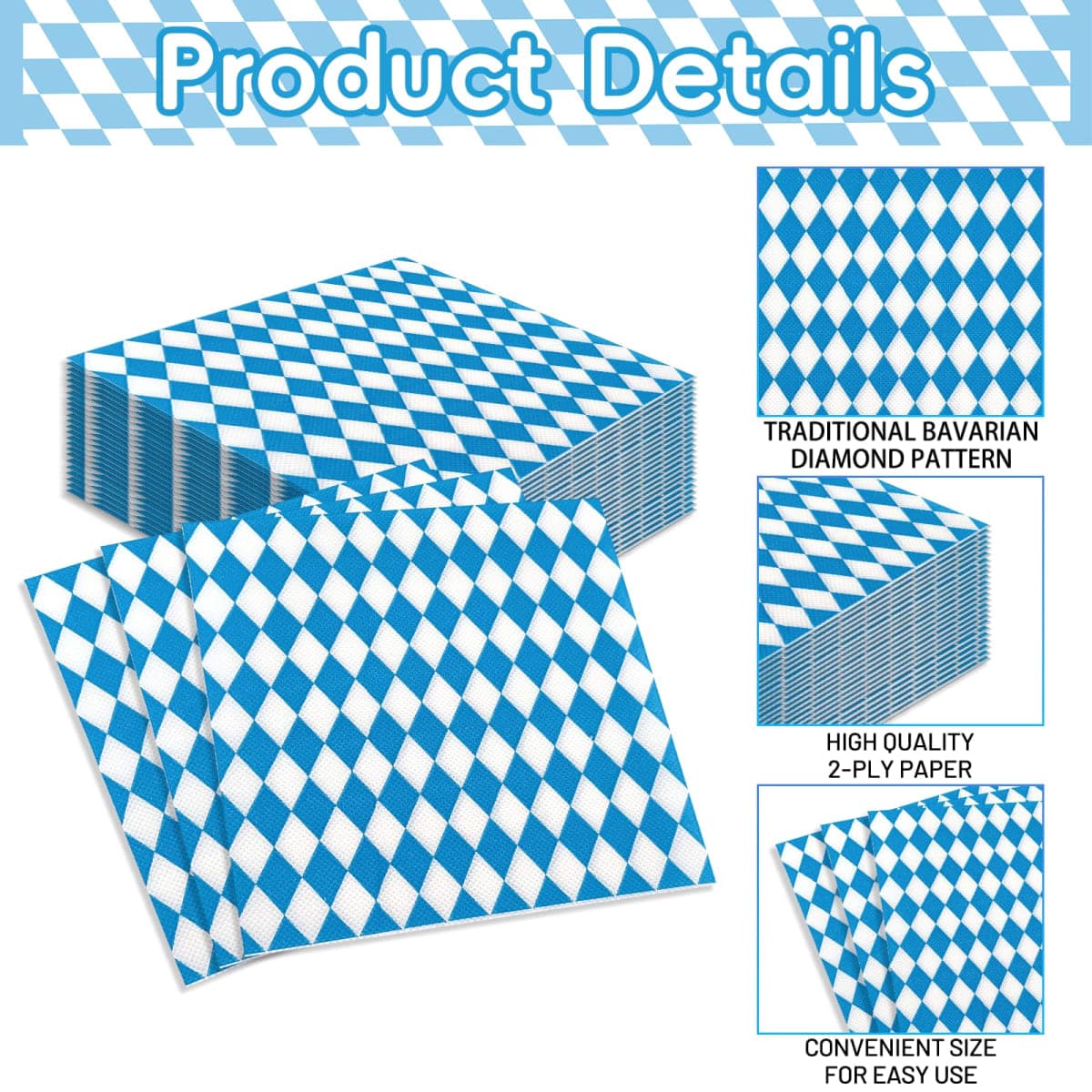 Pack of 50, Blue and White Bavarian Napkins, Diamond Pattern Disposable Napkins for Oktoberfest, Beer Festival, Bavarian Party Decorations, German-Themed Events, 13x13 Inches Unfolded thumbnail 3
