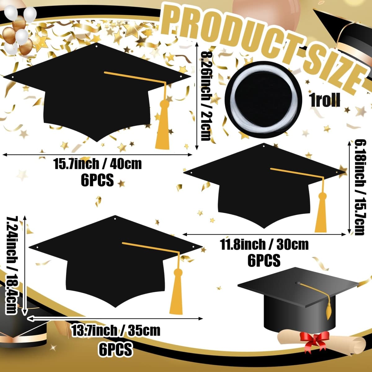 Yinder 18 Pcak 2026 Large Graduation Hat Decoration 16″ 14″ 12″ Graduation Hat Hanging Ornament Congrats Grad Party Decor with Rope for School Classroom College Ceiling Staircase Hallway Home, 3 Size thumbnail 2