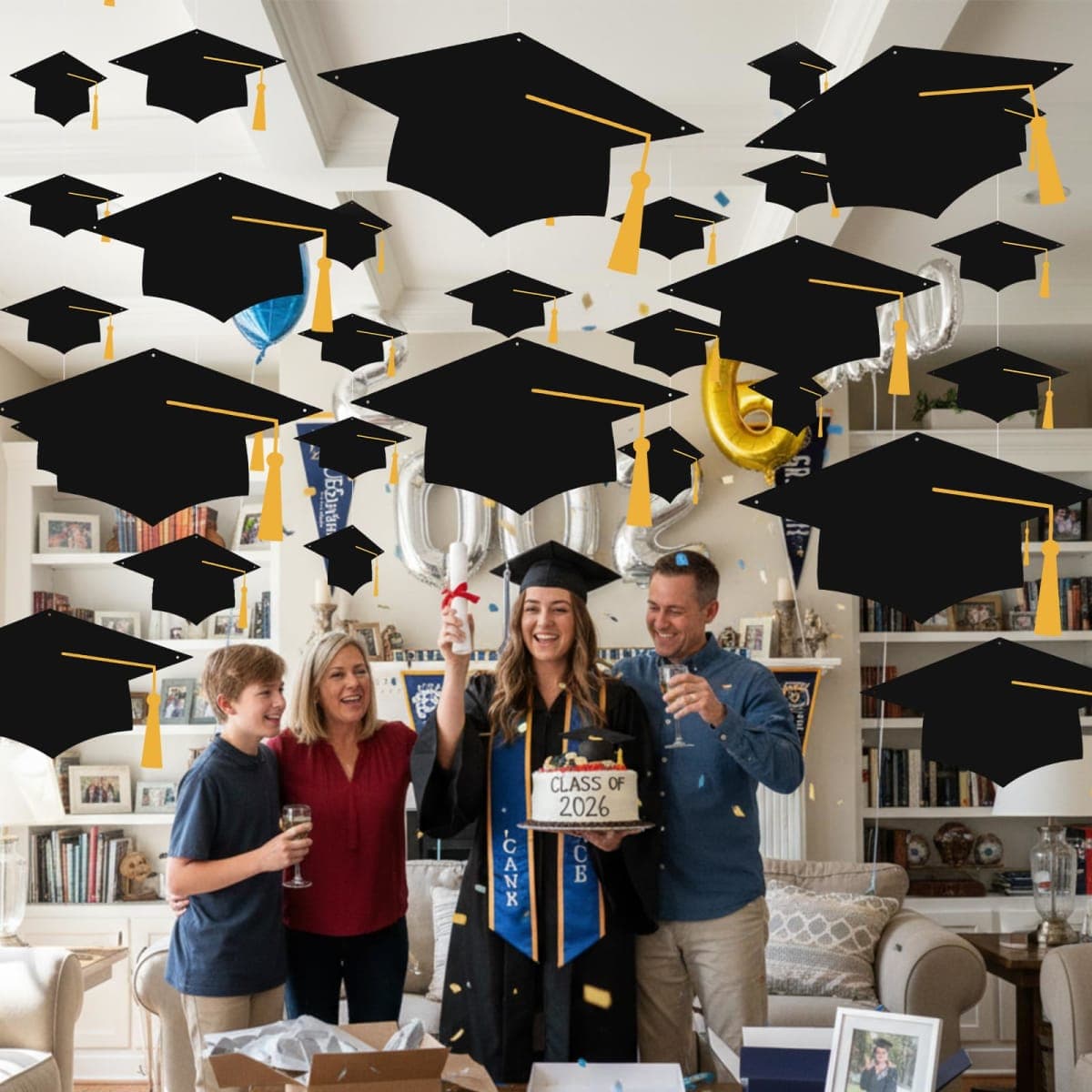 Yinder 18 Pcak 2026 Large Graduation Hat Decoration 16″ 14″ 12″ Graduation Hat Hanging Ornament Congrats Grad Party Decor with Rope for School Classroom College Ceiling Staircase Hallway Home, 3 Size thumbnail 4