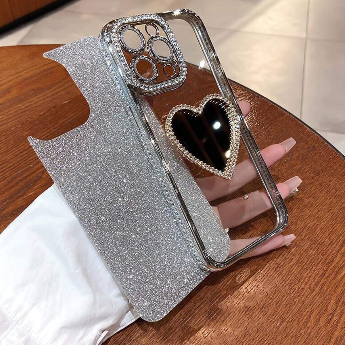 Changjia Glitter Mirror Case for iPhone Pro Max, Luxury Diamond Heart Makeup Mirror Bling Sparkly Rhinestones with Camera Protector Plating Bumper Women Girls Case for iPhone Pro Max 6.9" (Silver) thumbnail 5