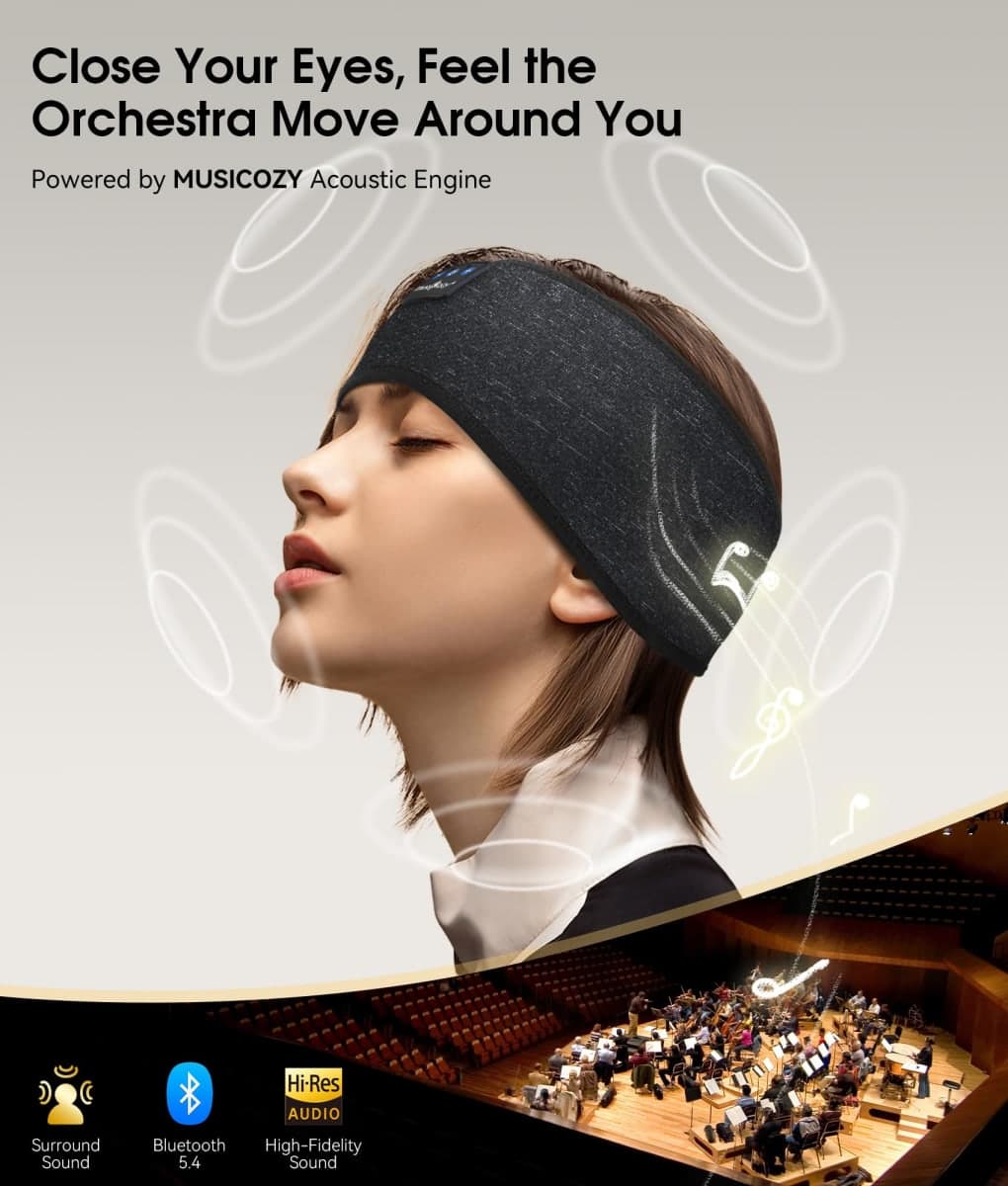 MUSICOZY Sleep Headphones Bluetooth Headband, Wireless Music Sleeping Headphones Sleep Mask Earbuds IPX6 Waterproof for Side Sleepers Workout Running Insomnia Travel Yoga Cool Tech Gadgets Unique Gift thumbnail 4