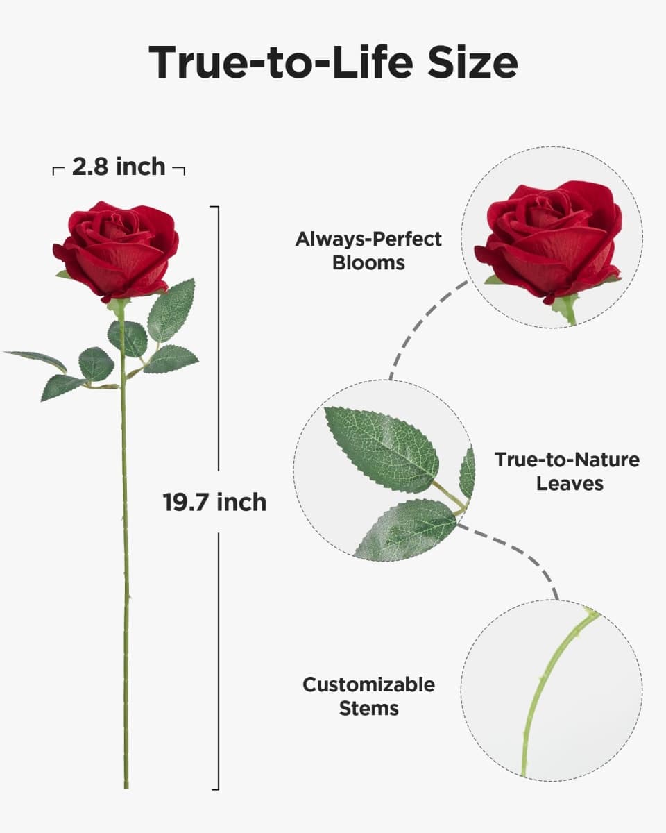 InnoGear 50 Pcs Red Roses Artificial Flowers, Fake Velvet Silk Rose Bulk Faux Flower for Decoration DIY Wedding Centerpieces Proposal Bridal Bouquets Shower Party Home Floral Decor (50, Red) thumbnail 2