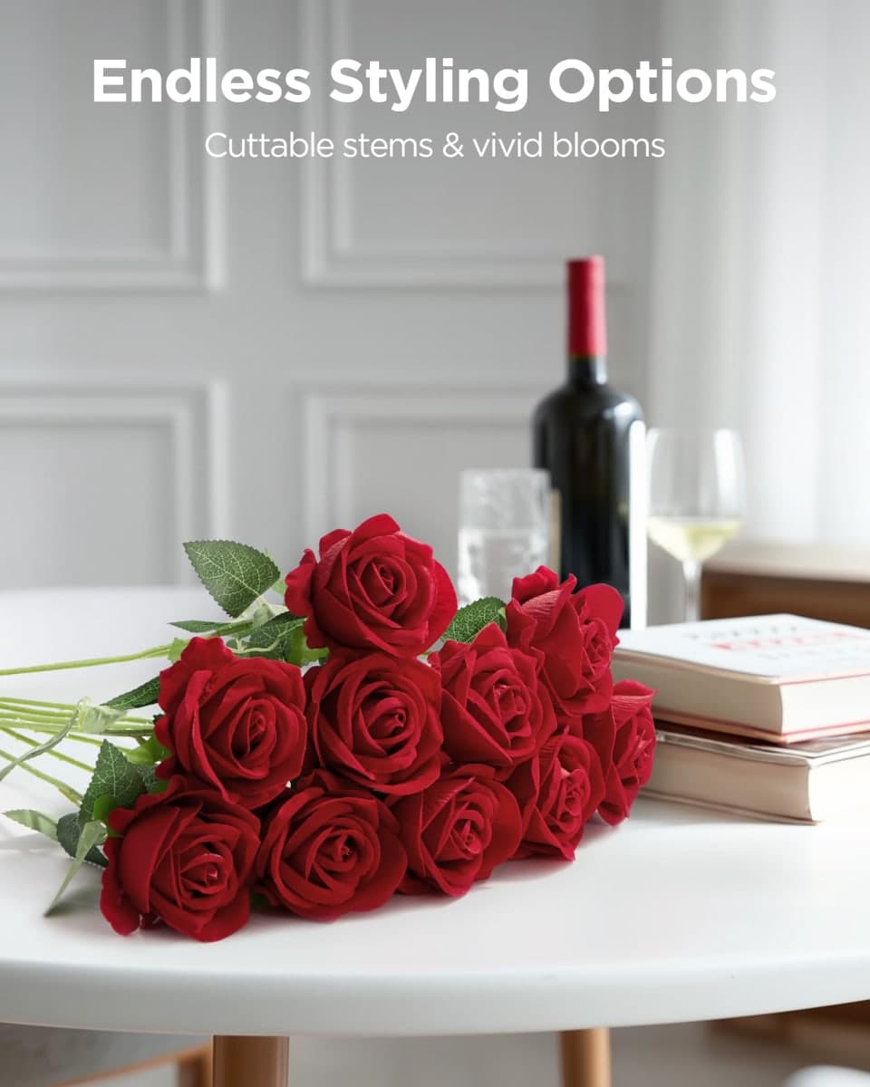 InnoGear 50 Pcs Red Roses Artificial Flowers, Fake Velvet Silk Rose Bulk Faux Flower for Decoration DIY Wedding Centerpieces Proposal Bridal Bouquets Shower Party Home Floral Decor (50, Red) thumbnail 3