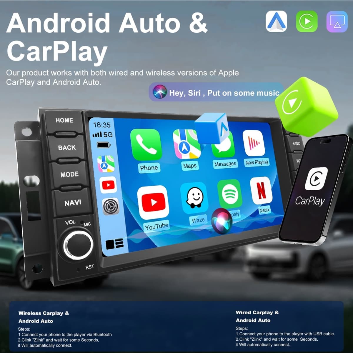 5G WiFi Upgrade Car Radio for Jeep Liberty 2008-2012, Dodge Grand Caravan 2008-2020, Chrysler Town & Country 2008-2016, 7 Inch Wireless Carplay Android Auto Touch Screen Stereo, GPS BT FM SWC Camera thumbnail 4