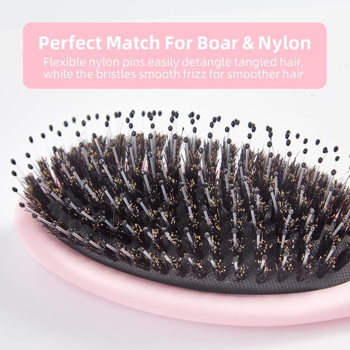 Jurrissa Boar Bristles Hair Brush for Women and Men,Detangling Hair Brush for Smoothing,Massage,Add Shine-Nylon&Boar Bristles Detangler brush for Hair Healthy(Pink) thumbnail 2