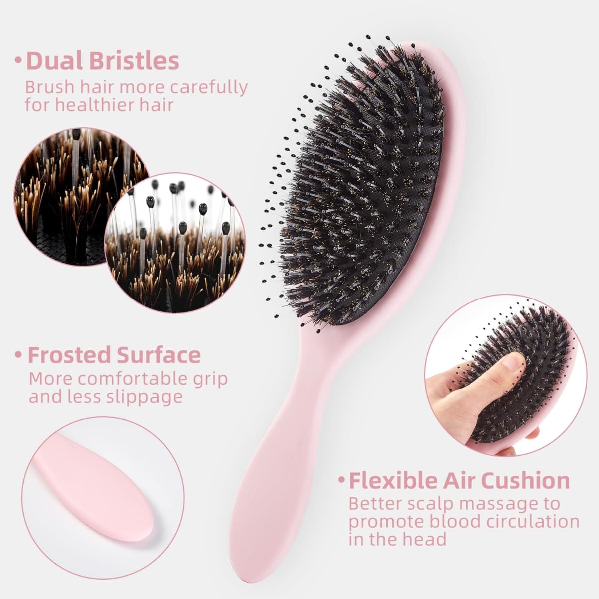 Jurrissa Boar Bristles Hair Brush for Women and Men,Detangling Hair Brush for Smoothing,Massage,Add Shine-Nylon&Boar Bristles Detangler brush for Hair Healthy(Pink) thumbnail 5