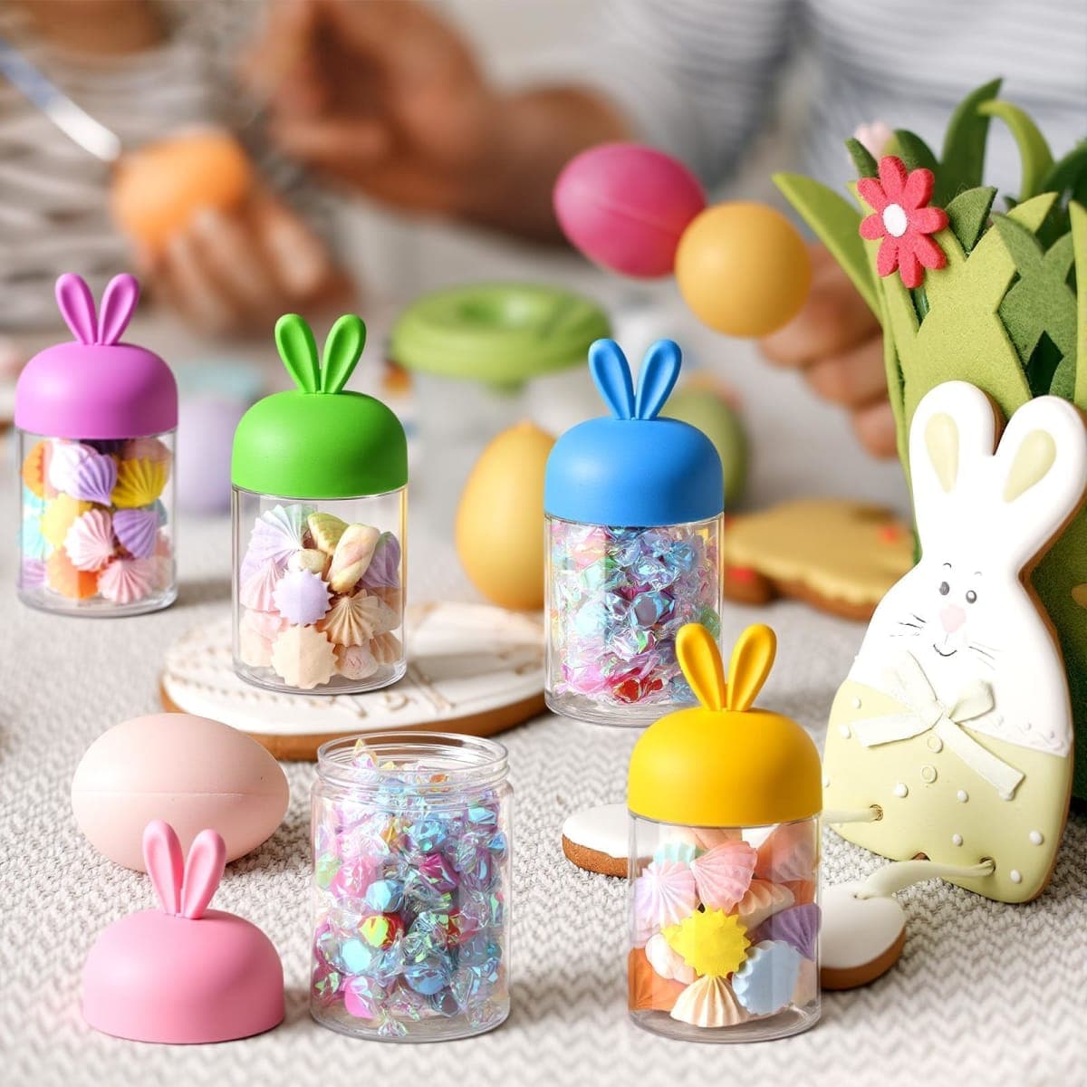 10 Pcs Easter Plastic Jar with Bunny Ear Lid Bunny Candy Cookie Jar Rabbit Shape Clear Candy Storage Container Airtight Ceramic Lid Food Storage Canister for Easter Party Gift Cookie Table Decorations thumbnail 4