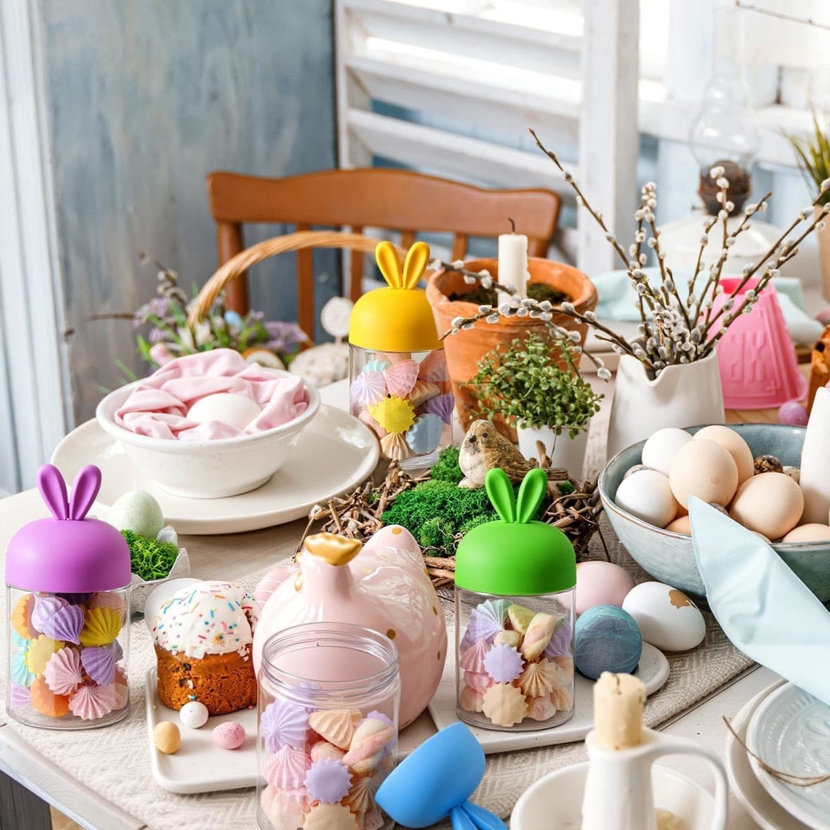 10 Pcs Easter Plastic Jar with Bunny Ear Lid Bunny Candy Cookie Jar Rabbit Shape Clear Candy Storage Container Airtight Ceramic Lid Food Storage Canister for Easter Party Gift Cookie Table Decorations thumbnail 5