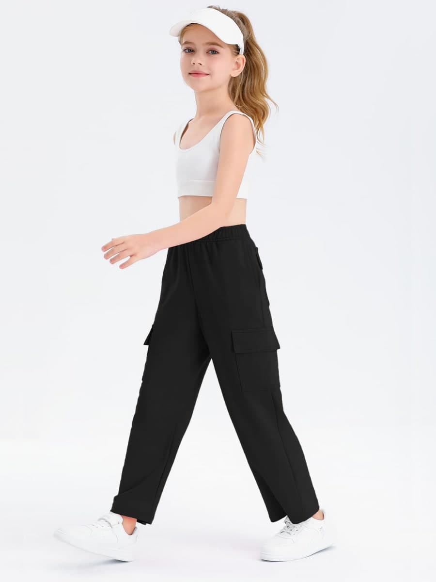 Girls Kids Cargo Sweatpants Wide Straight Leg Jogger Pants 5-14 Years, Black, 13-14 Years thumbnail 2