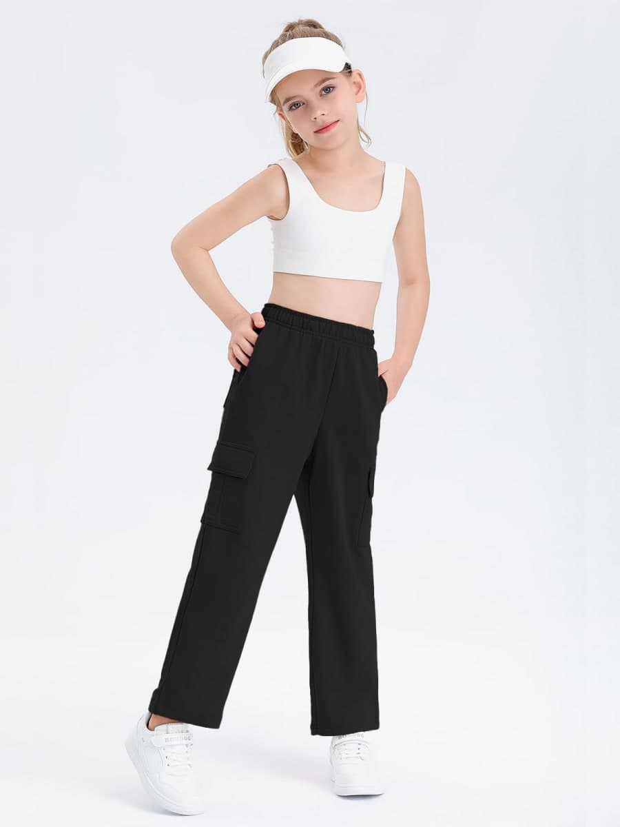 Girls Kids Cargo Sweatpants Wide Straight Leg Jogger Pants 5-14 Years, Black, 13-14 Years thumbnail 3