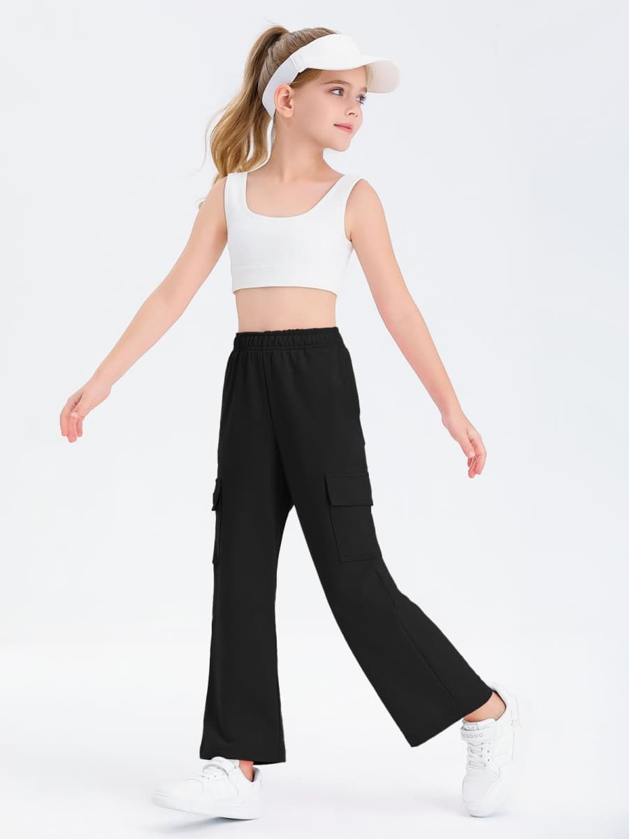 Girls Kids Cargo Sweatpants Wide Straight Leg Jogger Pants 5-14 Years, Black, 13-14 Years thumbnail 4