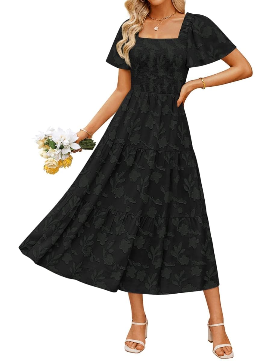 ZESICA Wedding Guest Dresses for Women Summer 2026 Boho Floral Midi Dress Flowy Beach Vacation Graduation Long Dresses, Black, Large