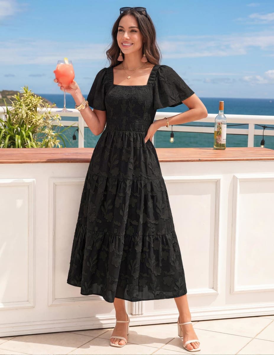 ZESICA Wedding Guest Dresses for Women Summer 2026 Boho Floral Midi Dress Flowy Beach Vacation Graduation Long Dresses, Black, Large thumbnail 2