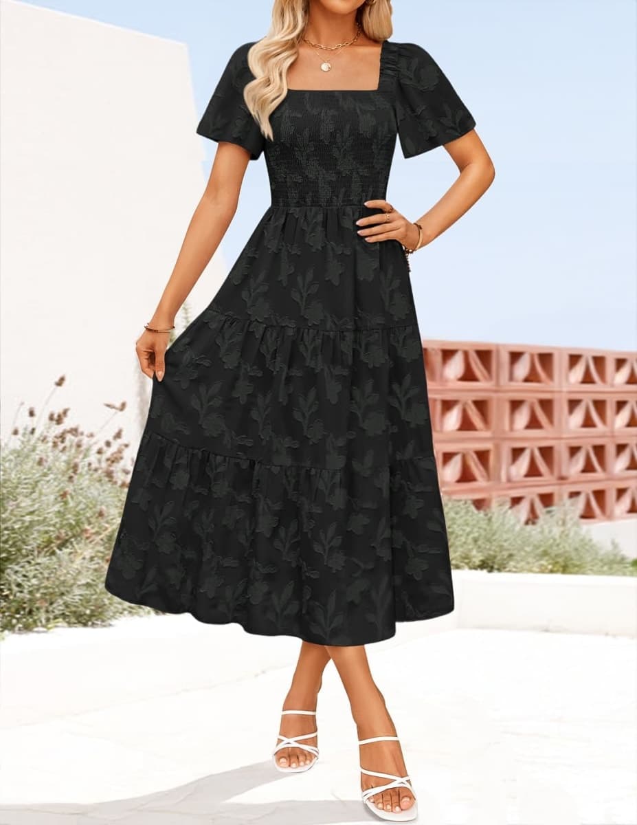 ZESICA Wedding Guest Dresses for Women Summer 2026 Boho Floral Midi Dress Flowy Beach Vacation Graduation Long Dresses, Black, Large thumbnail 4