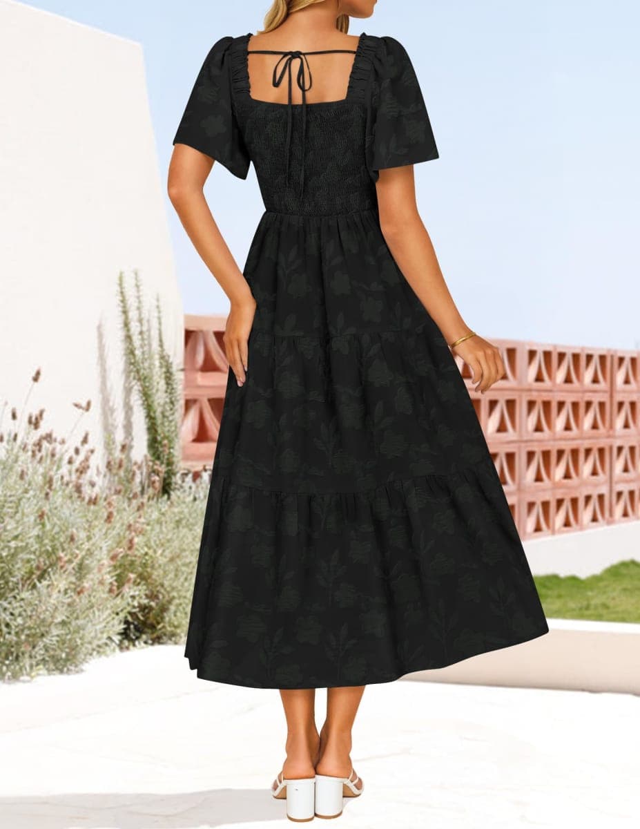 ZESICA Wedding Guest Dresses for Women Summer 2026 Boho Floral Midi Dress Flowy Beach Vacation Graduation Long Dresses, Black, Large thumbnail 5