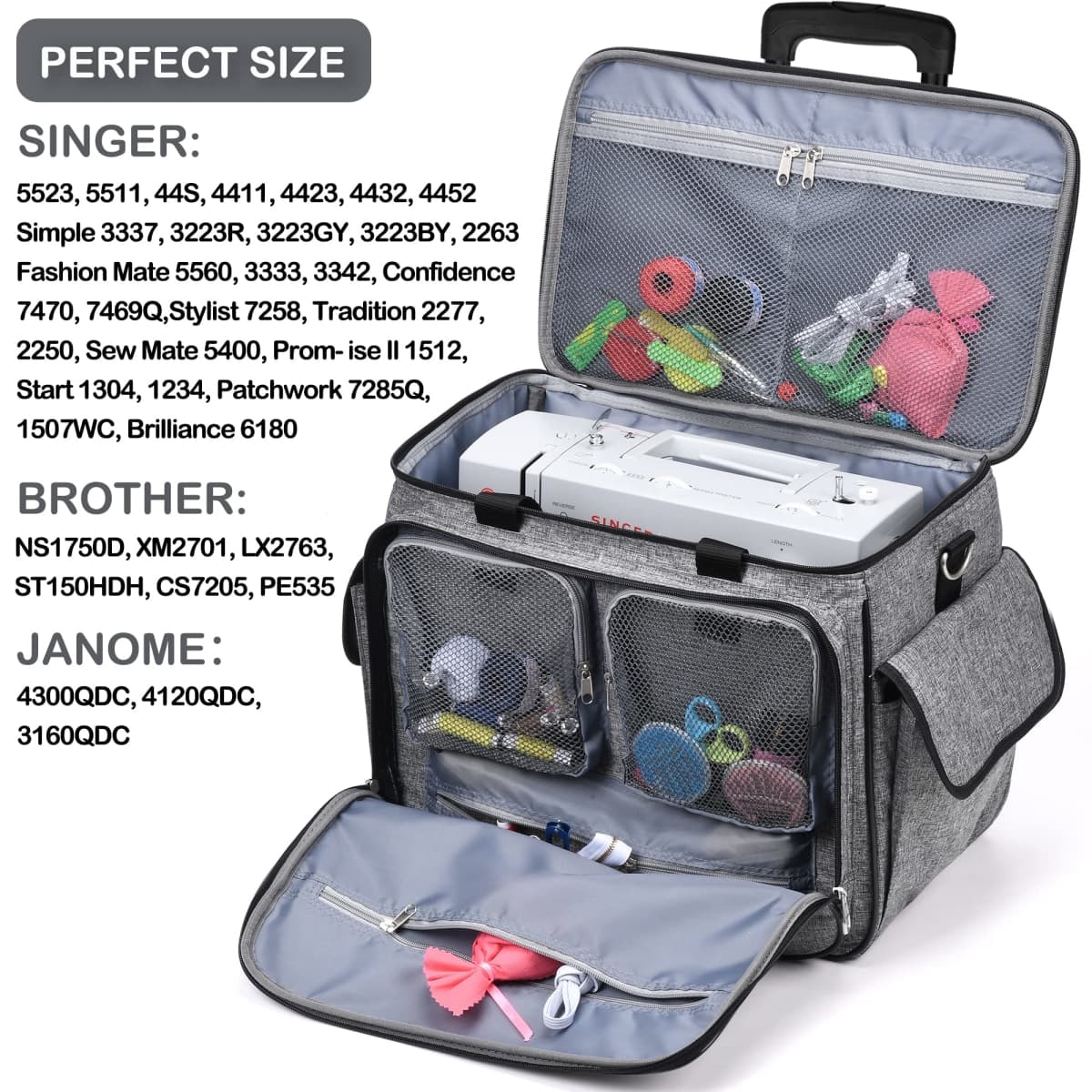 Rolling Sewing Machine Case, CAB55 Detachable Rolling Sewing Machine Carrying Bag on Wheels, Trolley Tote Bag with Detachable Bottom Wooden Board for Most Standard Sewing Machines and Accessories thumbnail 2