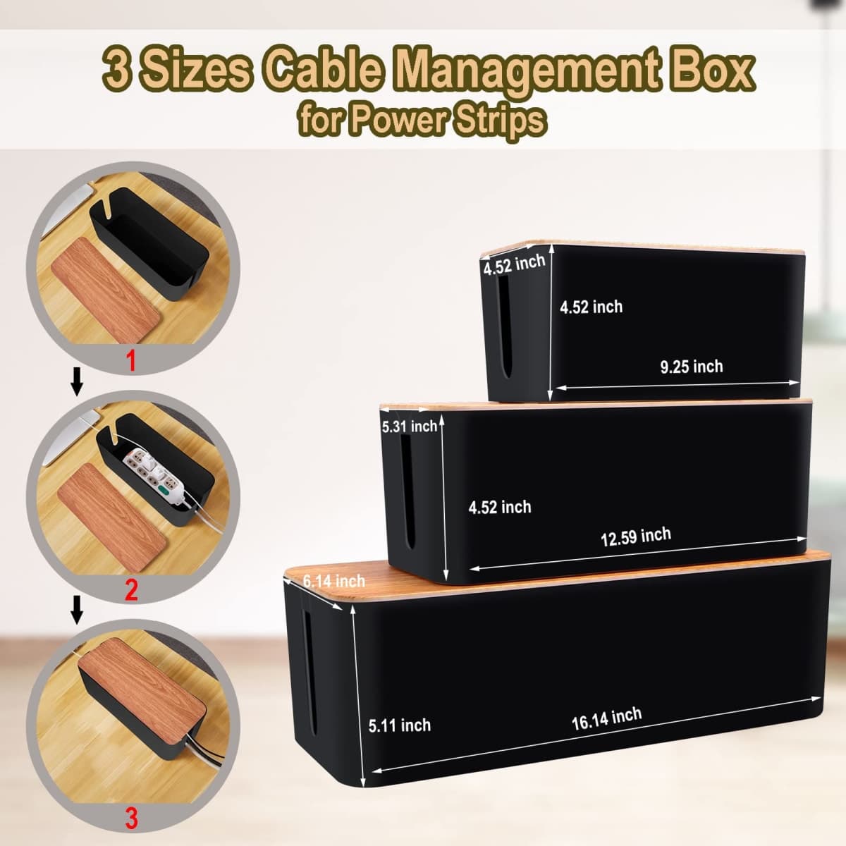 YUANYE Cable Management Box Cable Management Kit for Power Strip to Hide Wires,Cord Organizer Boxes,Safe ABS Material Wire Organizer of Cable Clips Sleeve for Home & Office,3Pack-128PCS /Black thumbnail 2