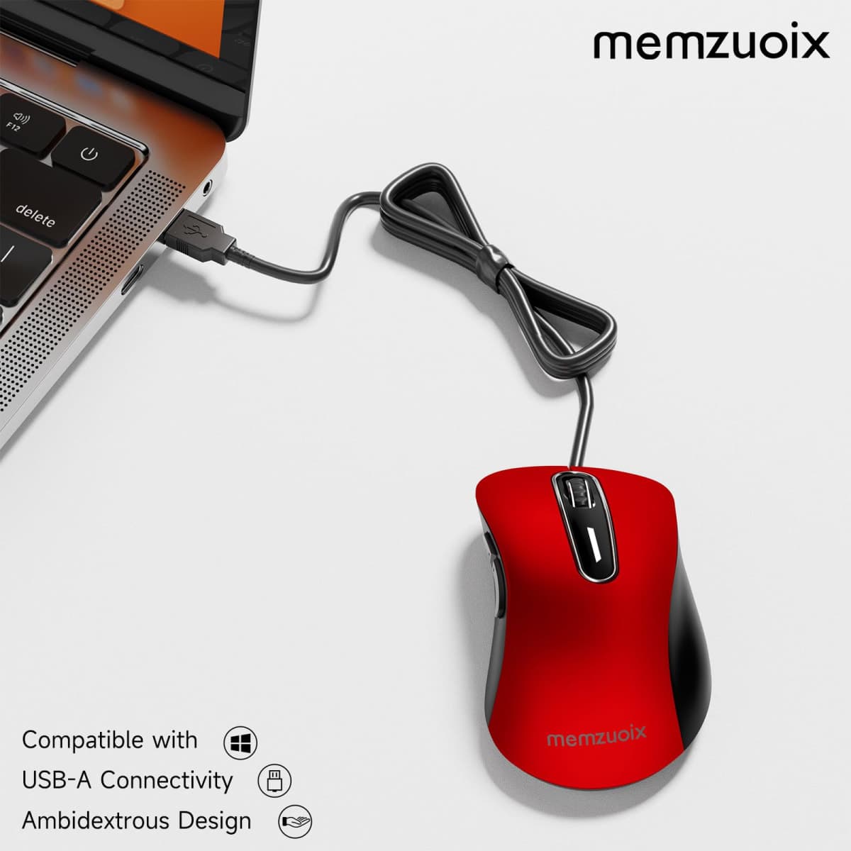 memzuoix Wired Mouse, USB, 1200 DPI, Ergonomic, Red, 5 Buttons, 5FT Cord, Right Handed, PC, Laptop, MacBook thumbnail 2
