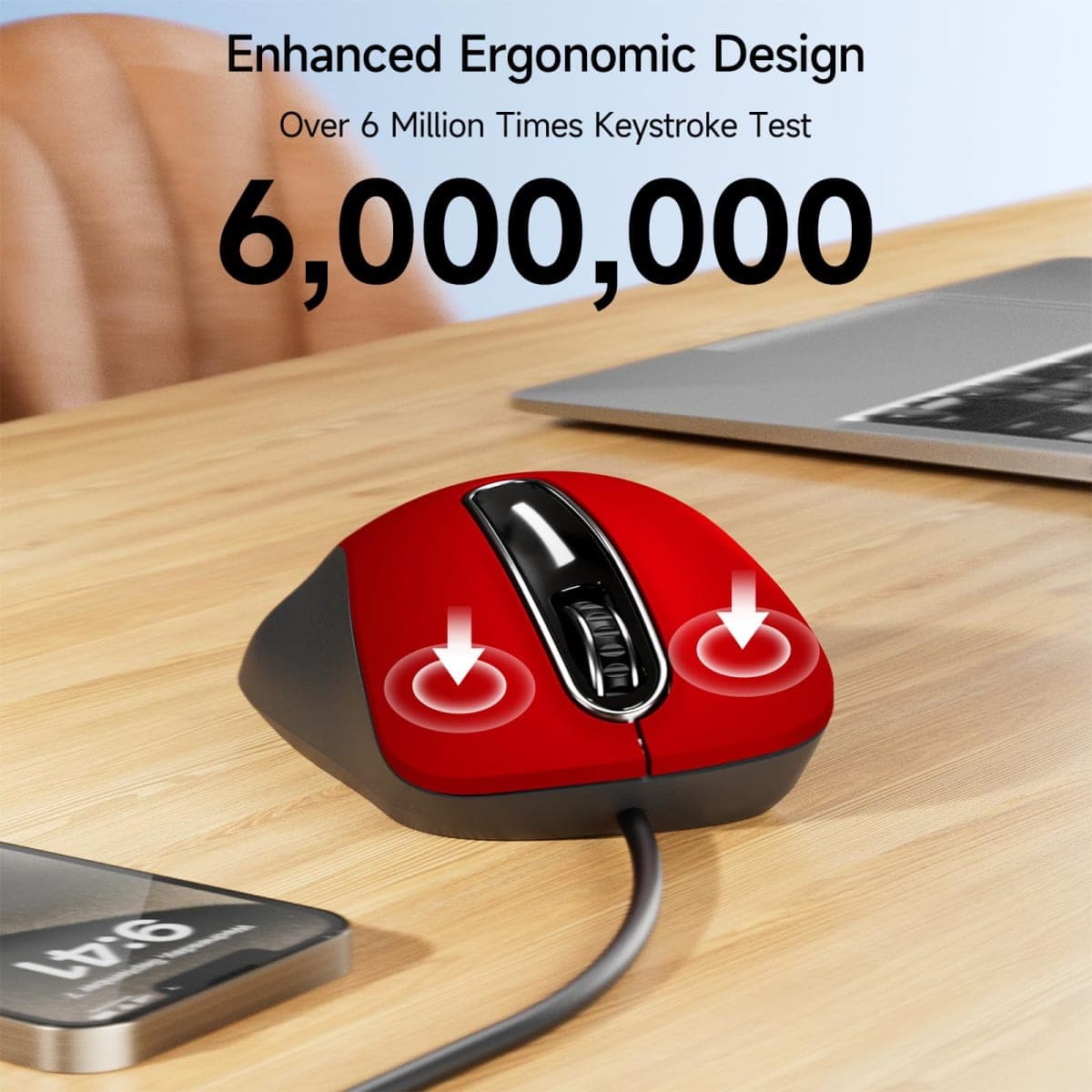 memzuoix Wired Mouse, USB, 1200 DPI, Ergonomic, Red, 5 Buttons, 5FT Cord, Right Handed, PC, Laptop, MacBook thumbnail 4