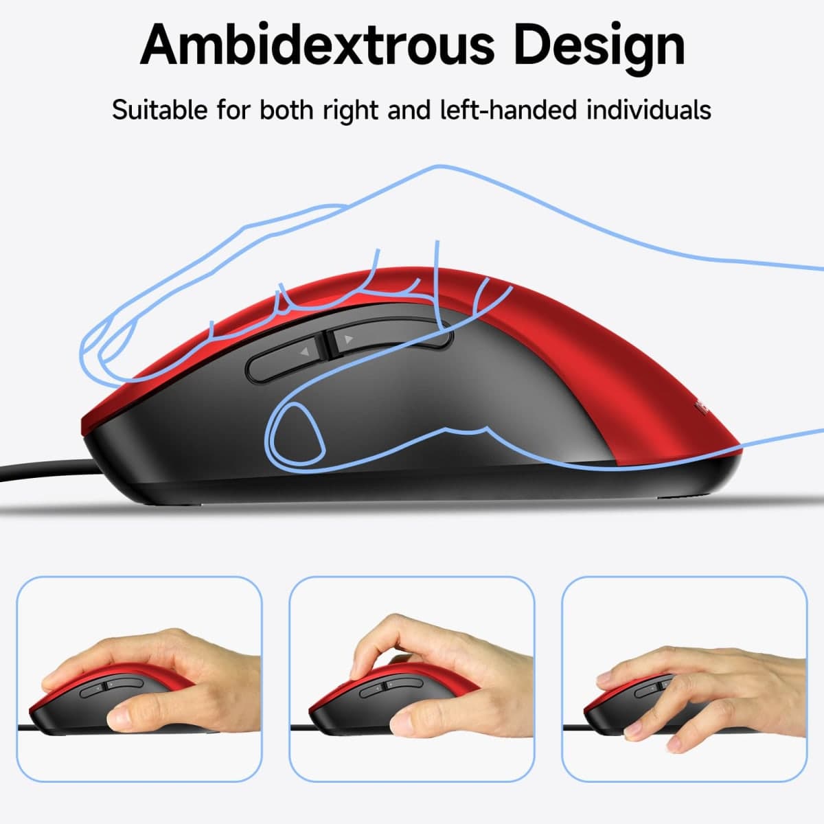 memzuoix Wired Mouse, USB, 1200 DPI, Ergonomic, Red, 5 Buttons, 5FT Cord, Right Handed, PC, Laptop, MacBook thumbnail 5