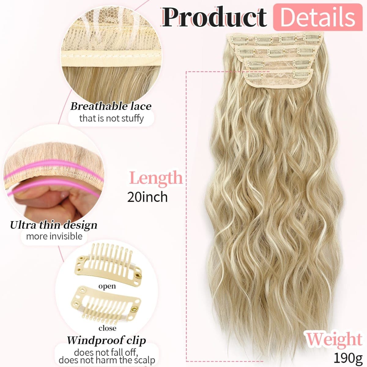 KooKaStyle Beach Blonde Hair Extensions Clip in Synthetic Highlight Hair Extensions Long Wavy 4PCS Thick Hairpieces 20 Inch for Women thumbnail 2