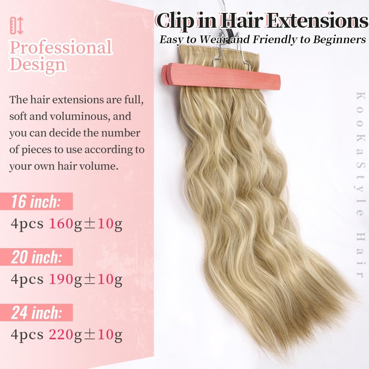 KooKaStyle Beach Blonde Hair Extensions Clip in Synthetic Highlight Hair Extensions Long Wavy 4PCS Thick Hairpieces 20 Inch for Women thumbnail 3