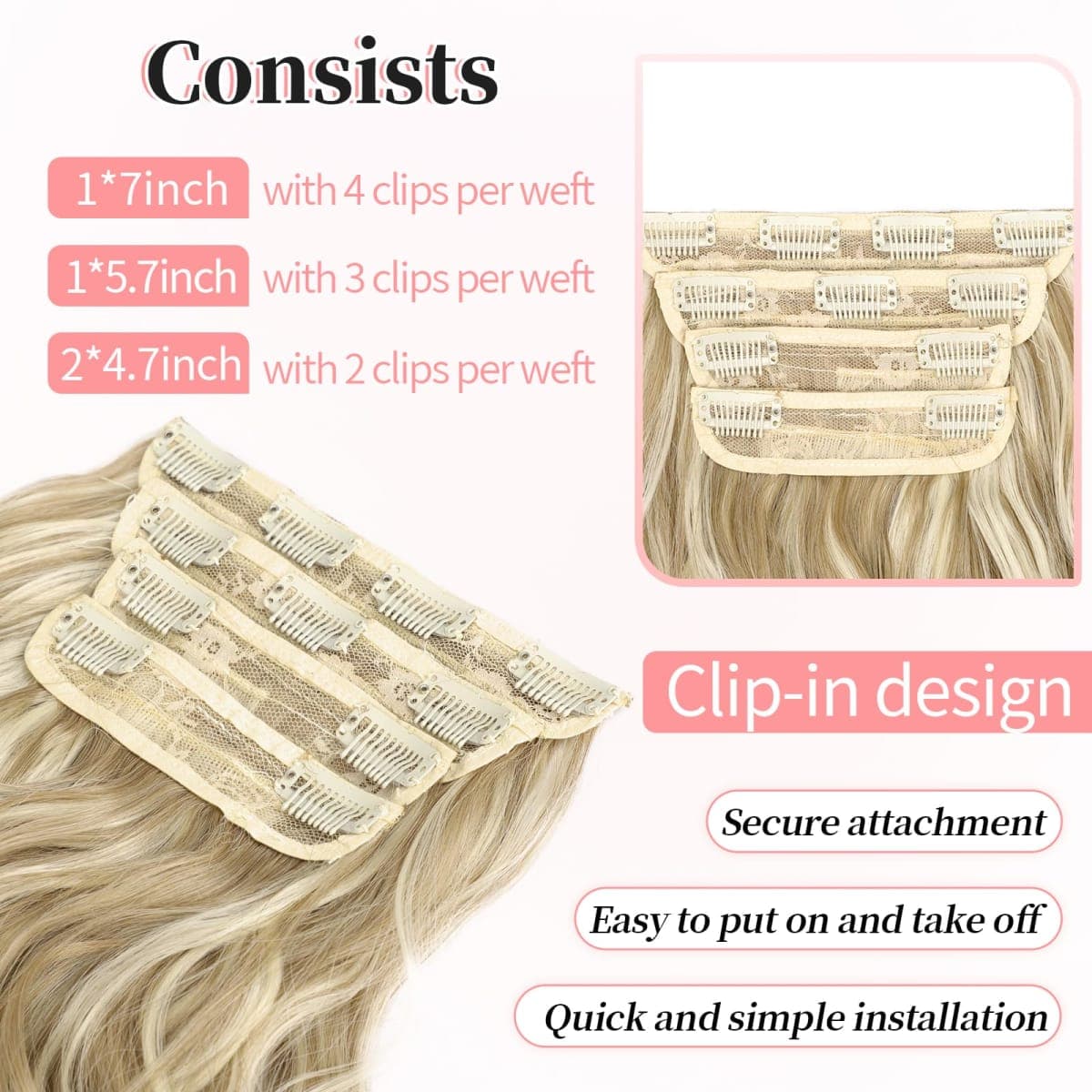 KooKaStyle Beach Blonde Hair Extensions Clip in Synthetic Highlight Hair Extensions Long Wavy 4PCS Thick Hairpieces 20 Inch for Women thumbnail 4