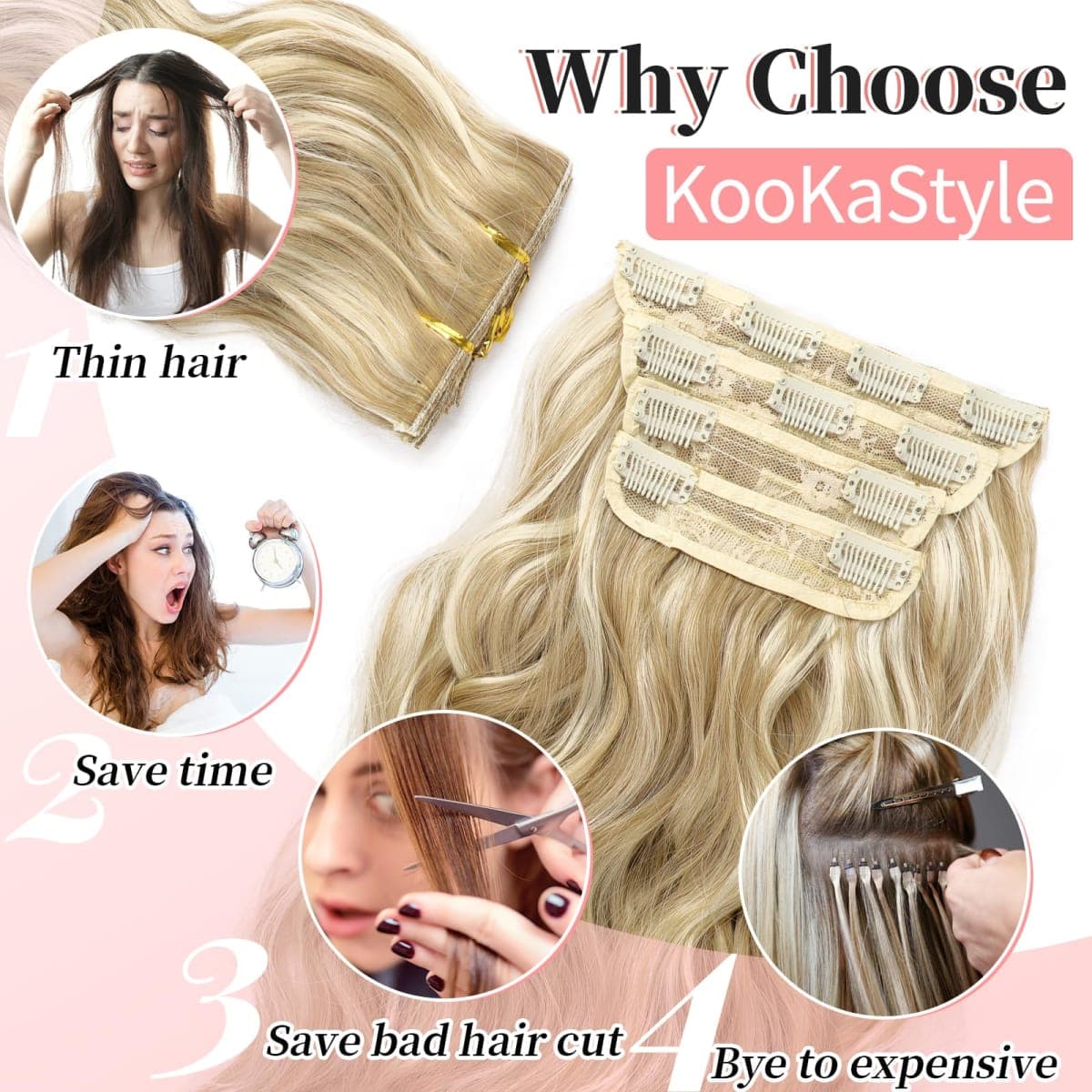 KooKaStyle Beach Blonde Hair Extensions Clip in Synthetic Highlight Hair Extensions Long Wavy 4PCS Thick Hairpieces 20 Inch for Women thumbnail 5