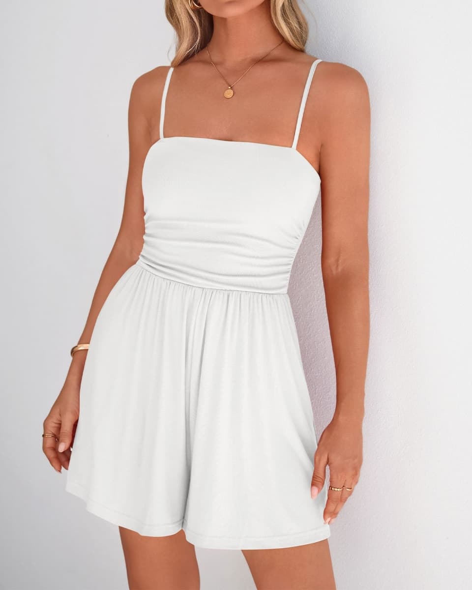 BTFBM Summer Rompers For Women 2025 Casual One Piece Spaghetti Strap Sleeveless Shorts Jumpsuit Beach Vacation Outfits, White, Small thumbnail 2