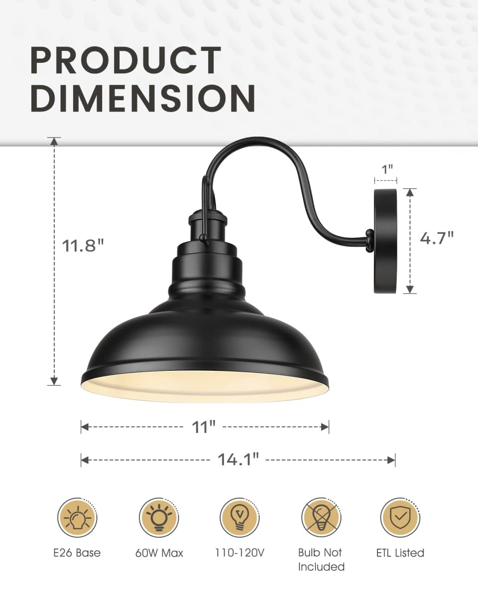 zeyu 11 Inch Modern Barn Light, 1-Light Wall Sconces, Industrial Wall Lantern for Porch, Kitchen, Black Finish, 016-1B BK thumbnail 2