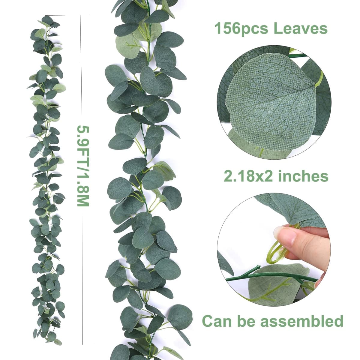 FUGZAUD 2 Pack Artificial Eucalyptus Garland Faux Silk Leaf Silver Dollar Eucalyptus Leaves Vines Handmade Garland Greenery Wedding Backdrop Indoor Outdoor Arch Wall Decoration thumbnail 2