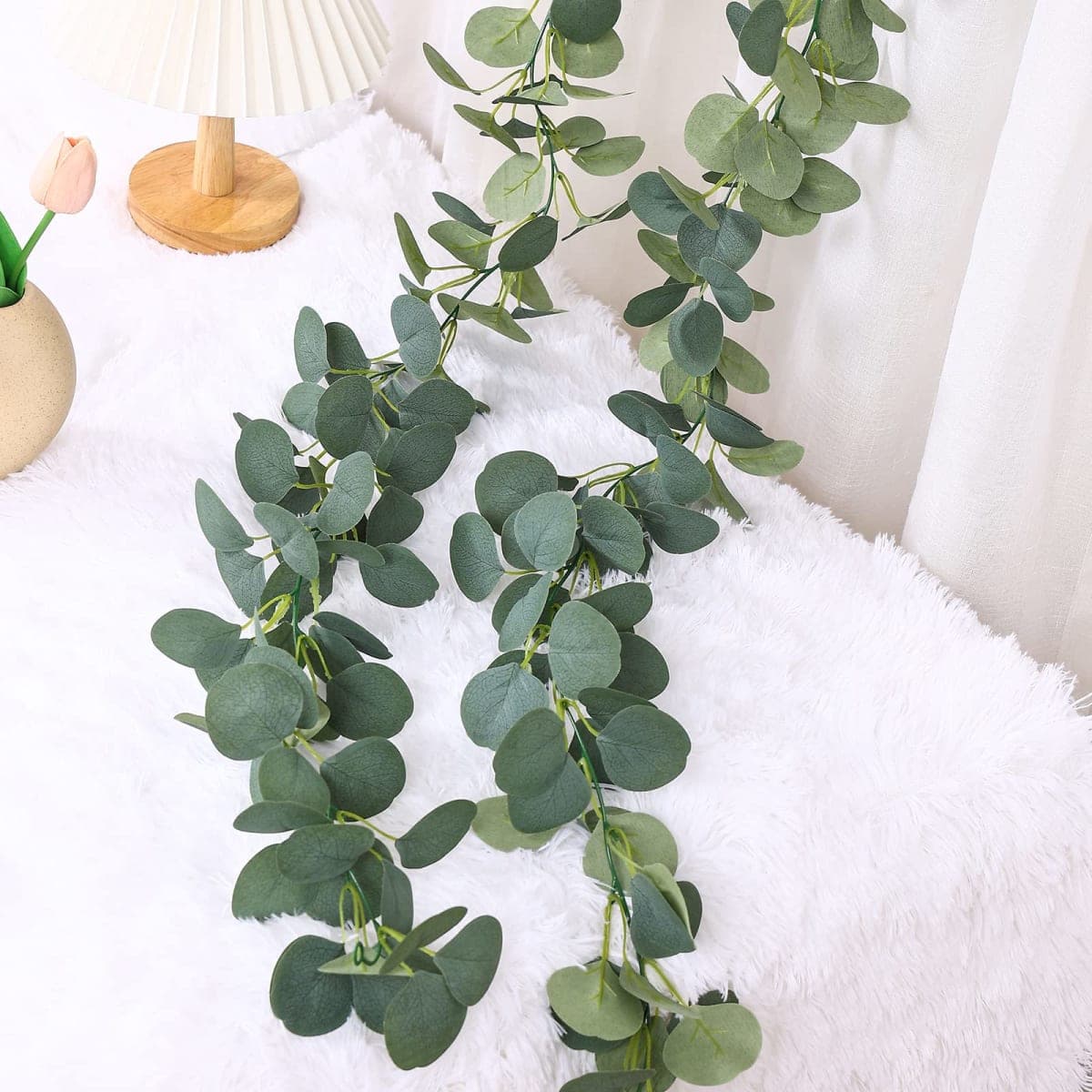FUGZAUD 2 Pack Artificial Eucalyptus Garland Faux Silk Leaf Silver Dollar Eucalyptus Leaves Vines Handmade Garland Greenery Wedding Backdrop Indoor Outdoor Arch Wall Decoration thumbnail 3