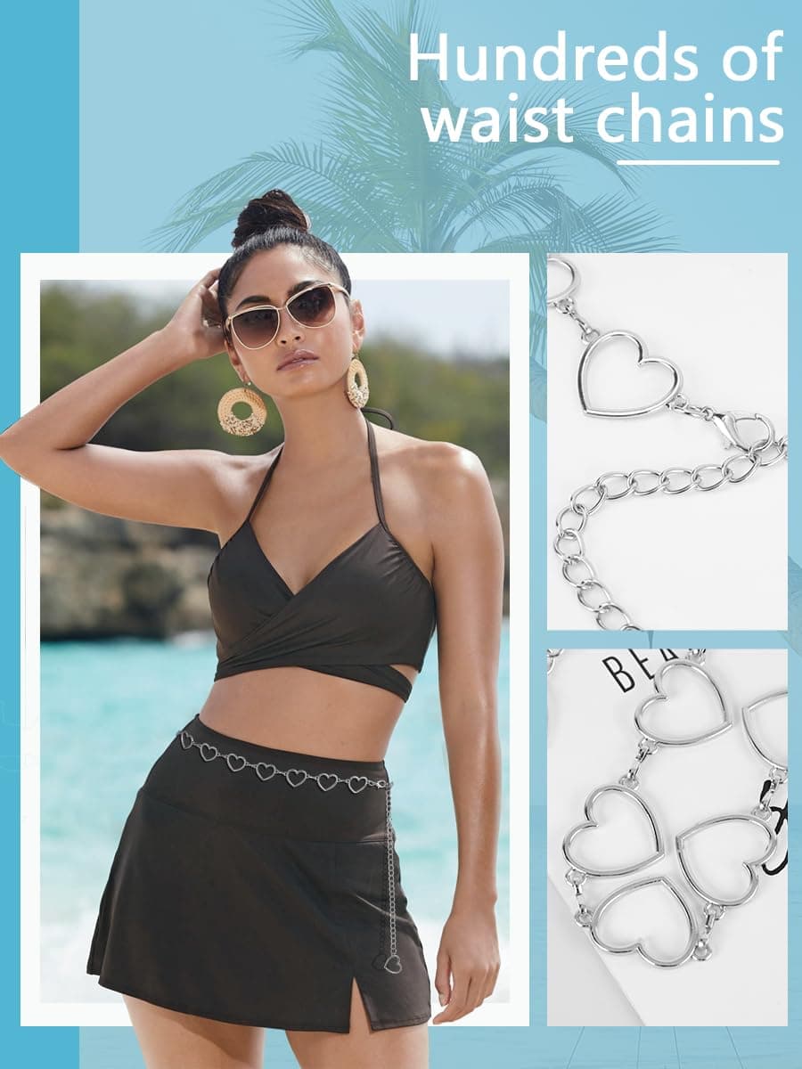 FIORETTO Chain Belt for Women Metal Waist Chain Fashion Multilayer Chain Belts for Dress, Heart-silver, Fit Waist Up to 36" thumbnail 2