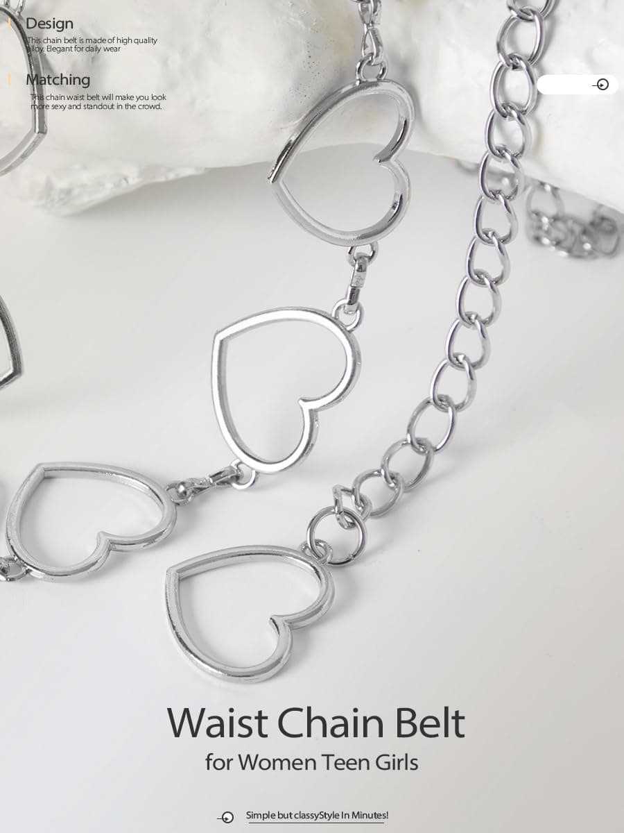 FIORETTO Chain Belt for Women Metal Waist Chain Fashion Multilayer Chain Belts for Dress, Heart-silver, Fit Waist Up to 36" thumbnail 4