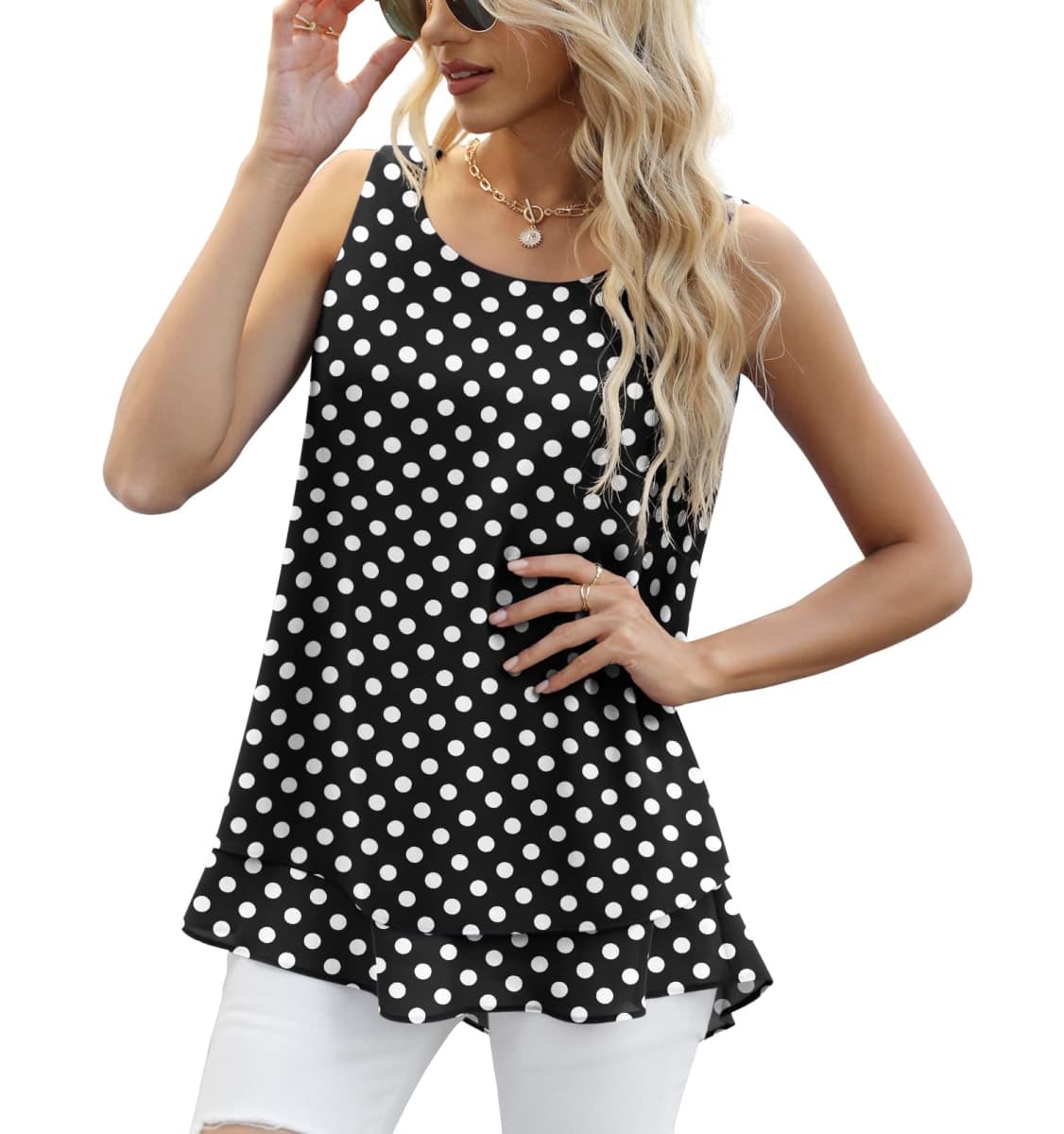 Jouica Women's Sleeveless Chiffon Tank Top Double Layers Casual Blouse Tunic, Black Dot, XX-Large