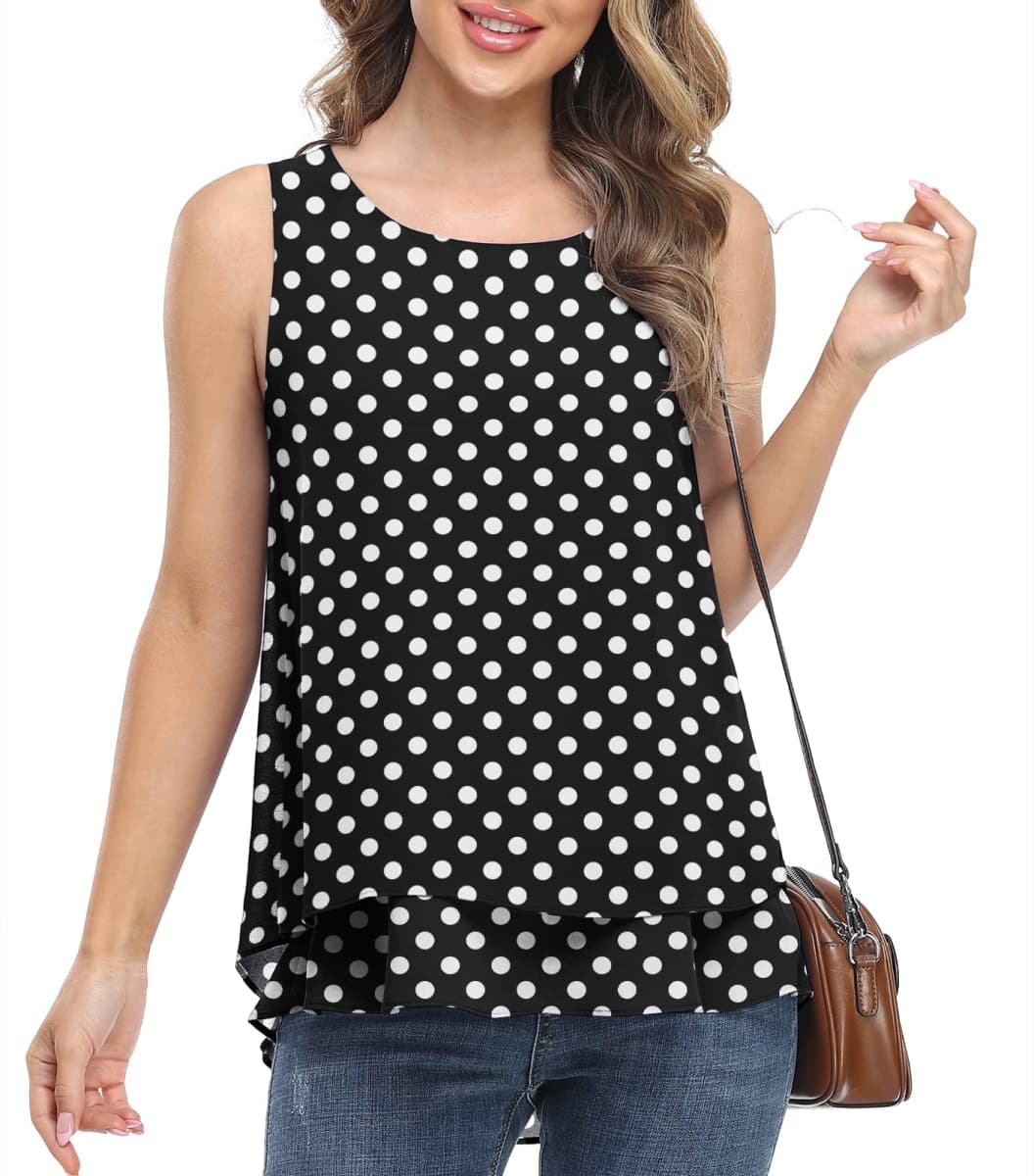 Jouica Women's Sleeveless Chiffon Tank Top Double Layers Casual Blouse Tunic, Black Dot, XX-Large thumbnail 2