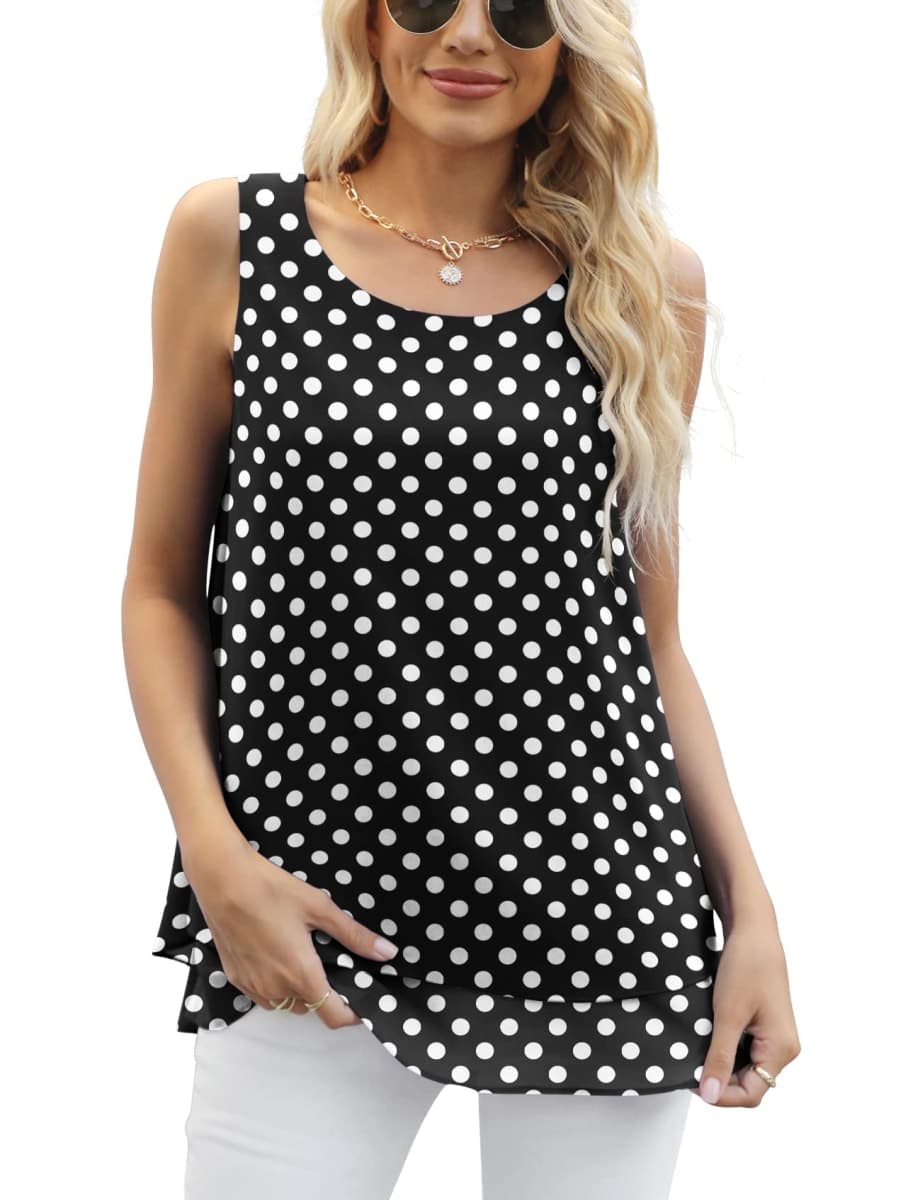Jouica Women's Sleeveless Chiffon Tank Top Double Layers Casual Blouse Tunic, Black Dot, XX-Large thumbnail 4