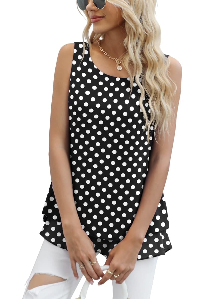 Jouica Women's Sleeveless Chiffon Tank Top Double Layers Casual Blouse Tunic, Black Dot, XX-Large thumbnail 5