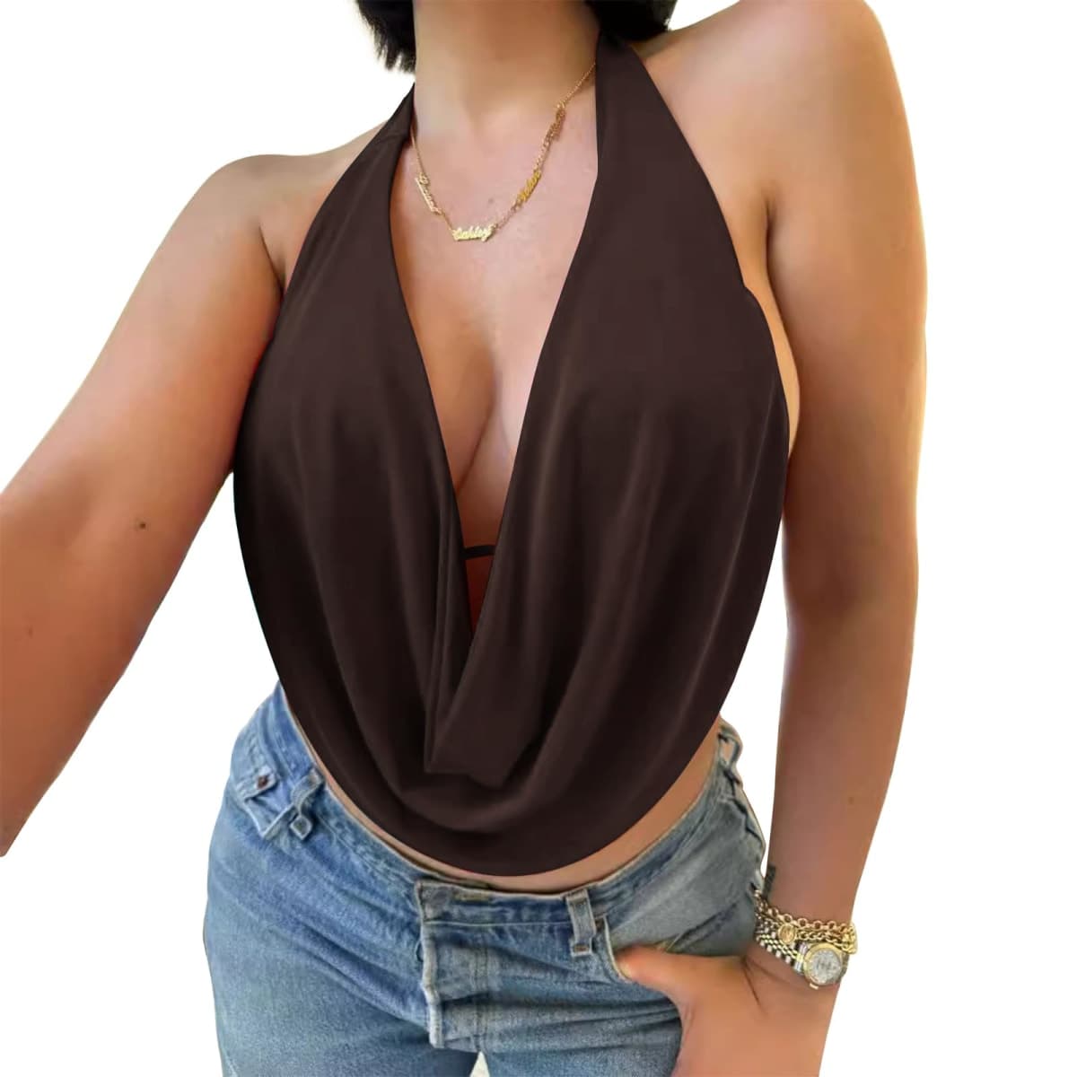 VANCOL Women's Halter Neck Front Draped Casual Halter Neck Draped Front Sexy Backless Tank Top, Brown, Large