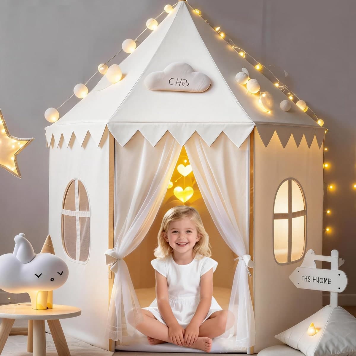 White Kids Play Tent for Girls: Hexagon Kids Indoor Outdoor Playhouse, Soft Peach Skin Fabric Castle Tent for Baby Toddler - Children Play House Toys for Birthday — image 1
