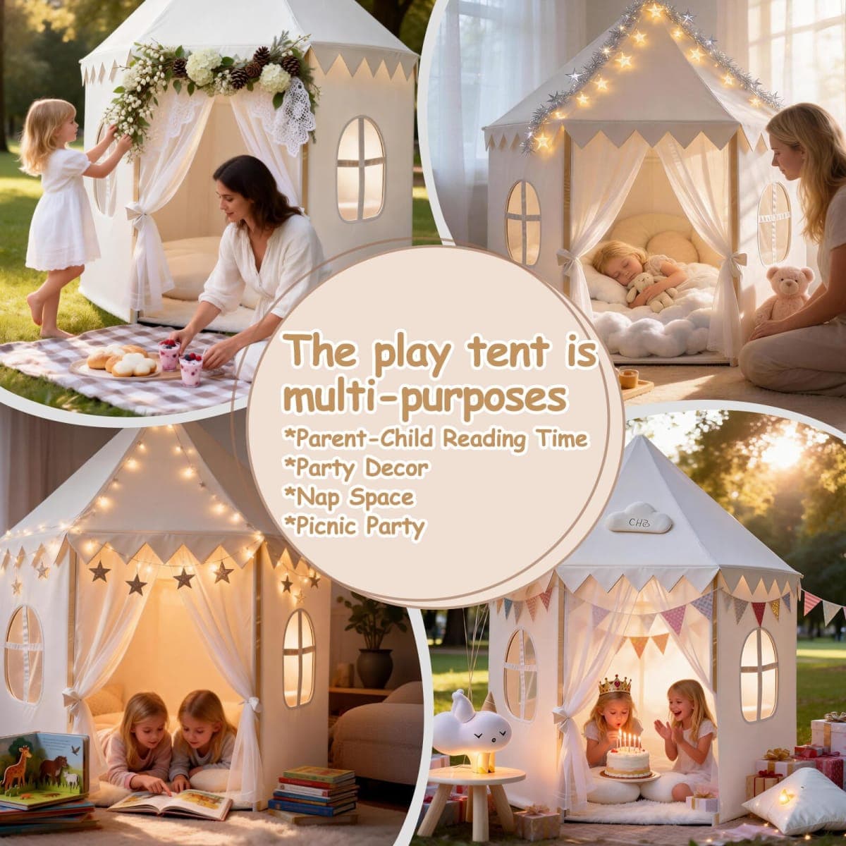 White Kids Play Tent for Girls: Hexagon Kids Indoor Outdoor Playhouse, Soft Peach Skin Fabric Castle Tent for Baby Toddler - Children Play House Toys for Birthday thumbnail 2